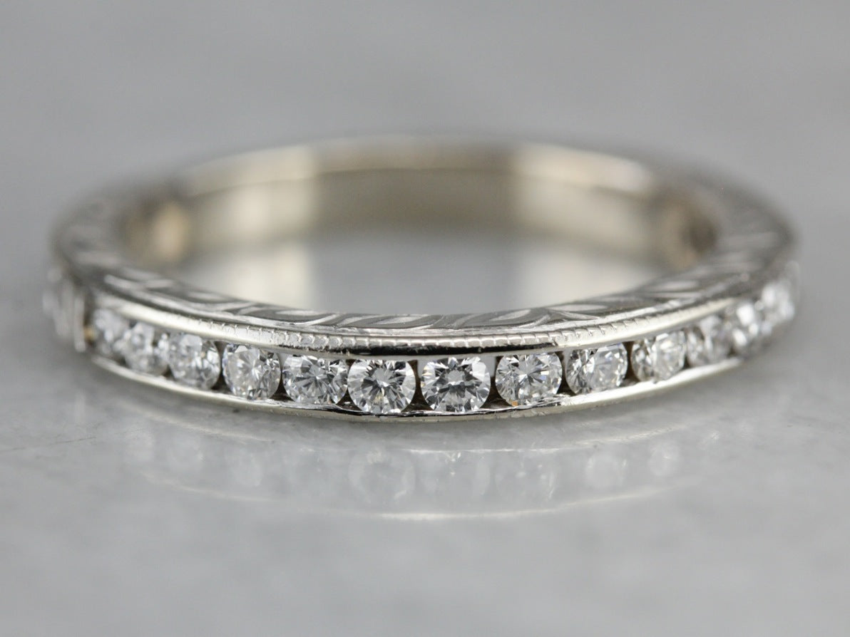 White Gold Etched Diamond Band