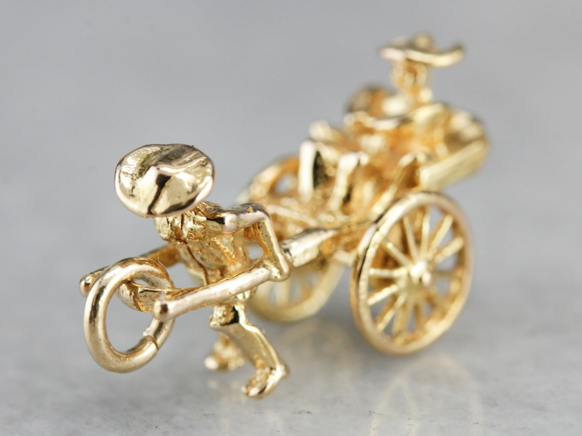 Vintage Carriage / Rickshaw Charm with Moving Wheels 14k Yellow