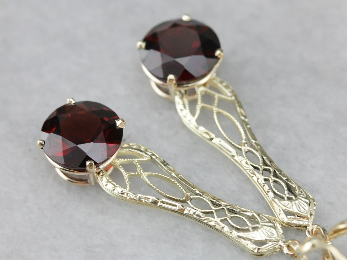 Garnet Filigree Drop Earrings