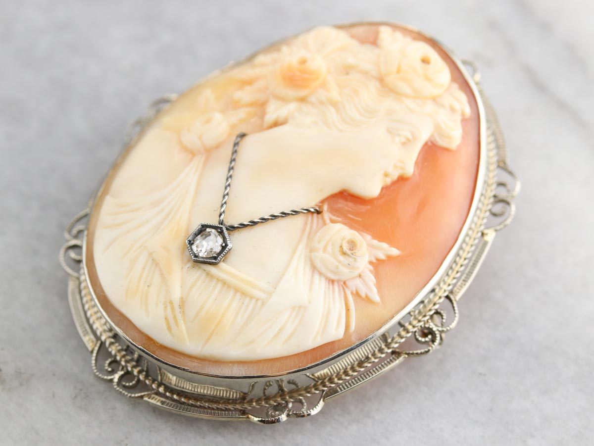 Art Deco Rose Cut Diamond Cameo Pin or Pendant