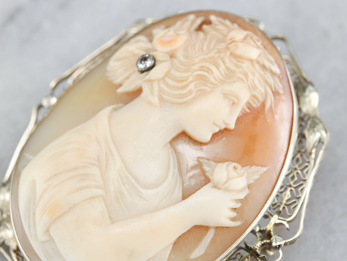 Market Square Jewelers Art Deco Girl with Diamond Rose Cameo Brooch