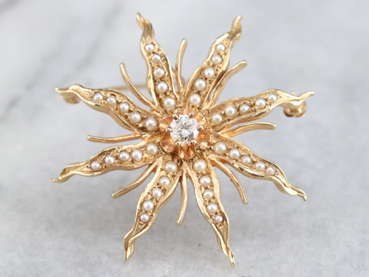 Victorian Diamond Pearl Starburst Brooch