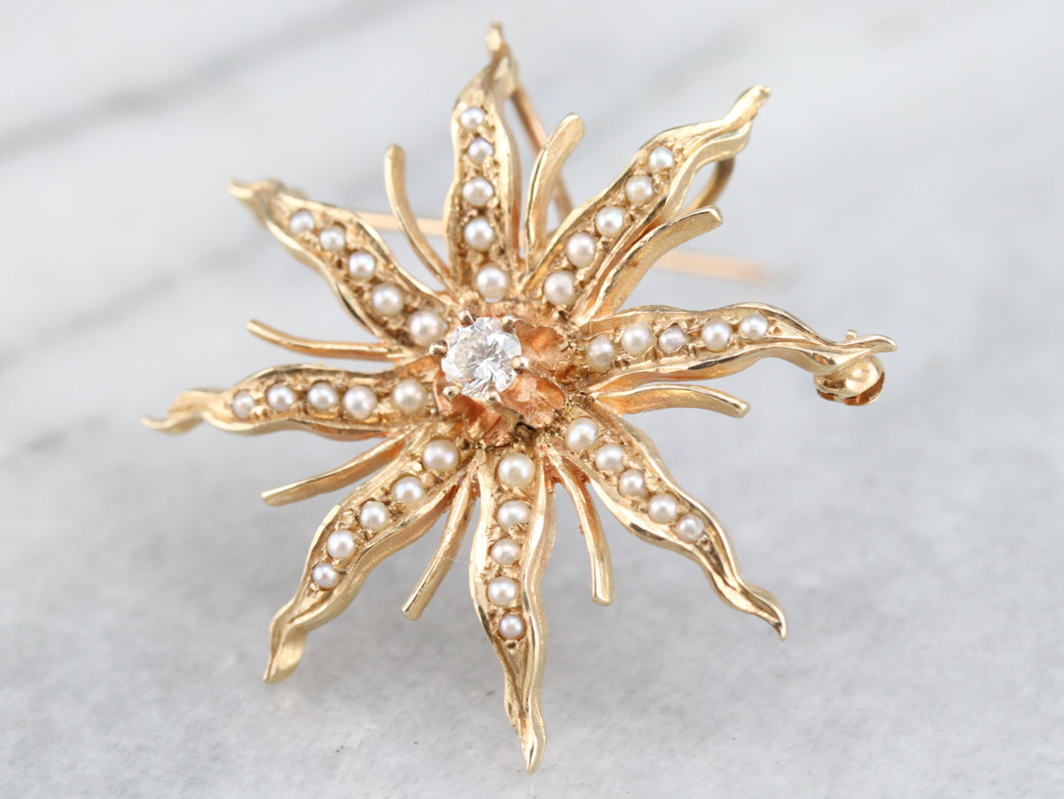 Victorian Diamond Pearl Starburst Brooch