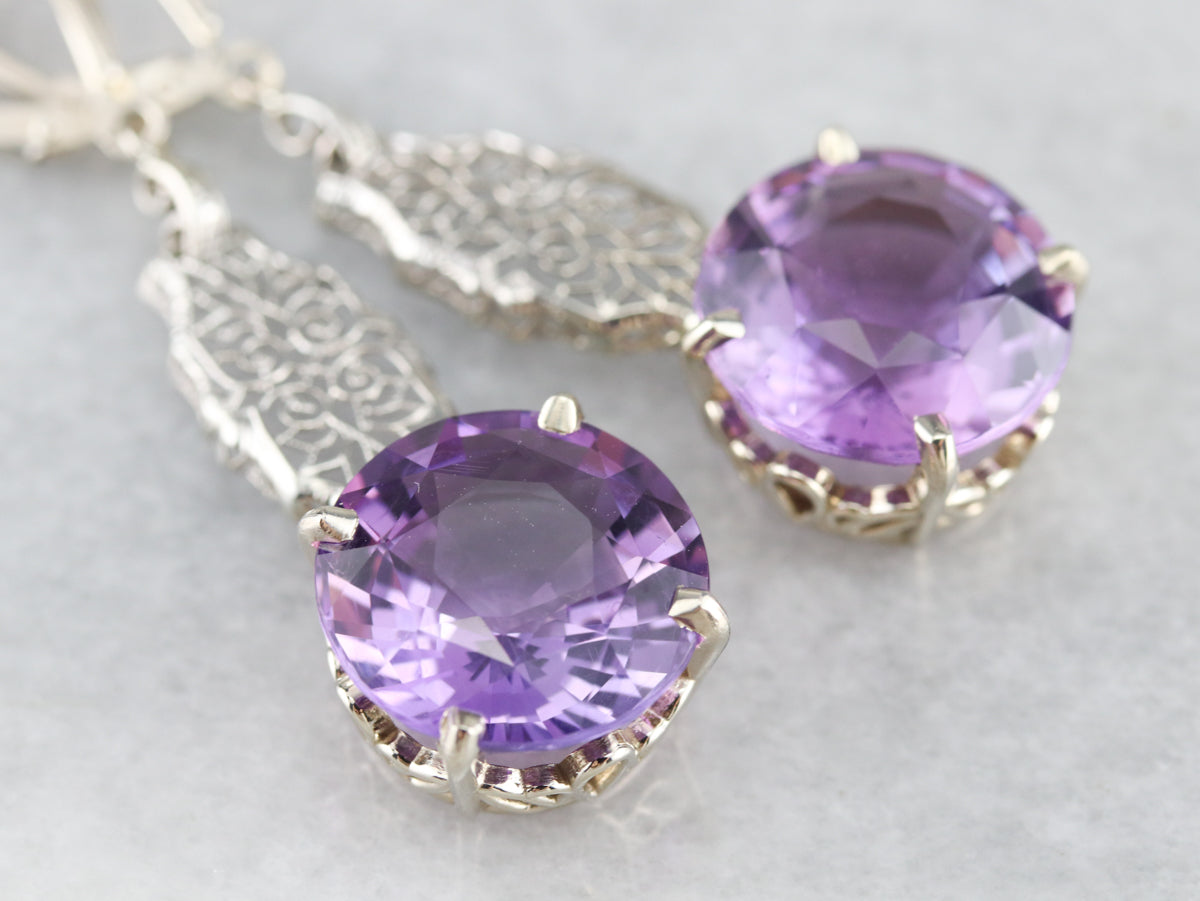 Amethyst Filigree Drop Earrings in Lacey White Gold