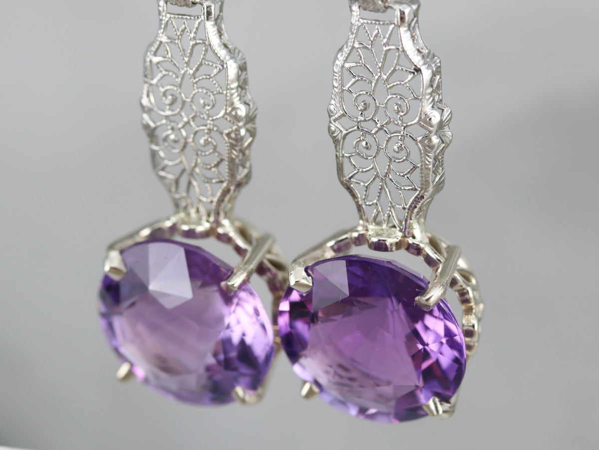 Amethyst Filigree Drop Earrings in Lacey White Gold