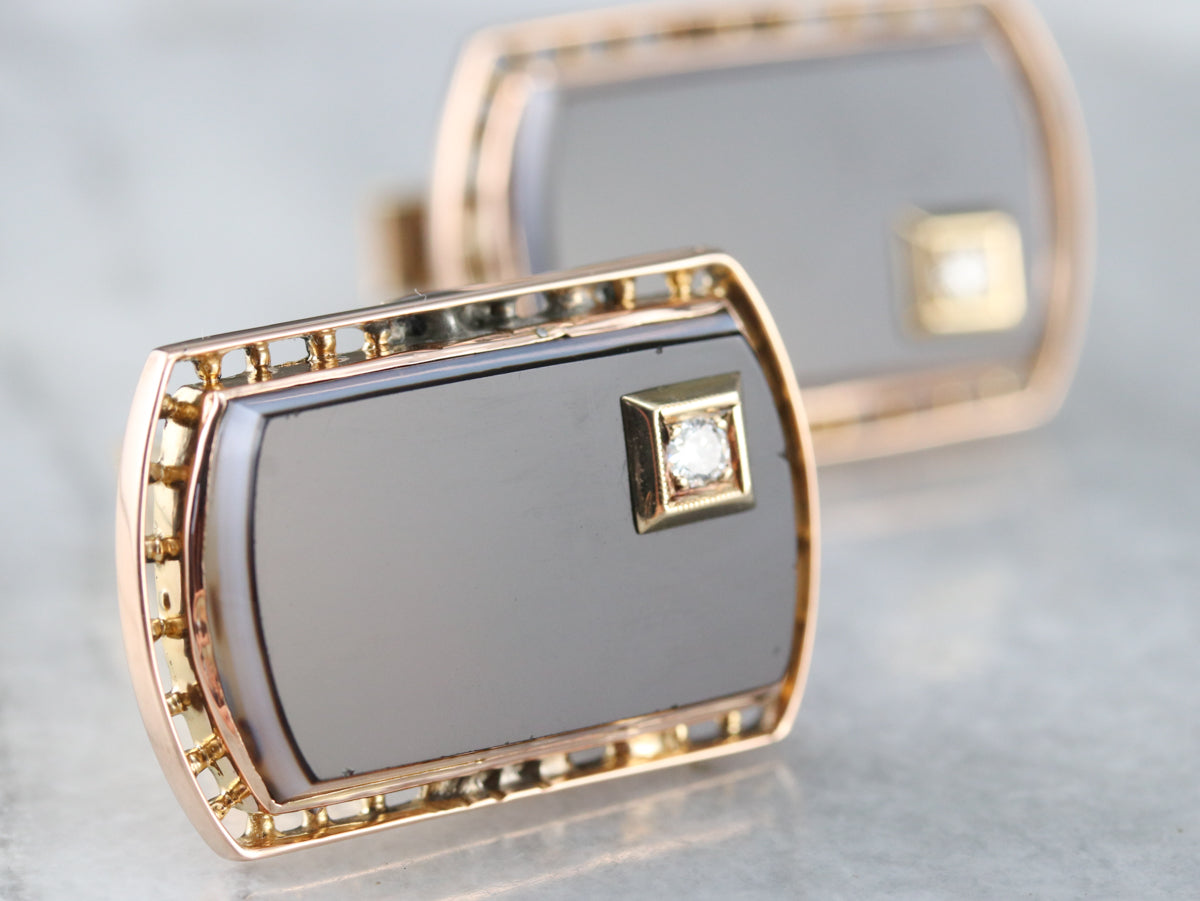 Vintage Banded Agate and Diamond Cufflinks