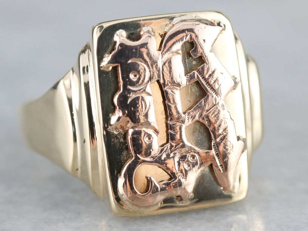 Mixed Metal Monogrammed R Signet Ring