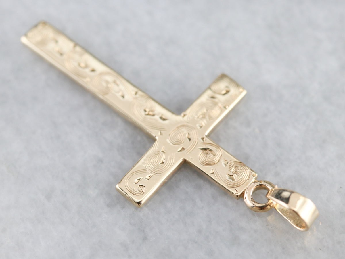 Etched 2024 Pattern Cross Pendant 14k Yellow Gold Religious Jewelry