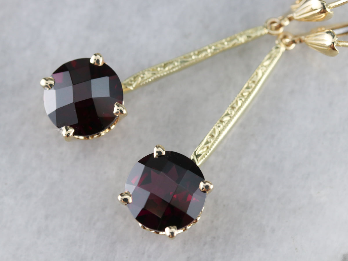 Engraved Long Garnet Drop Earrings