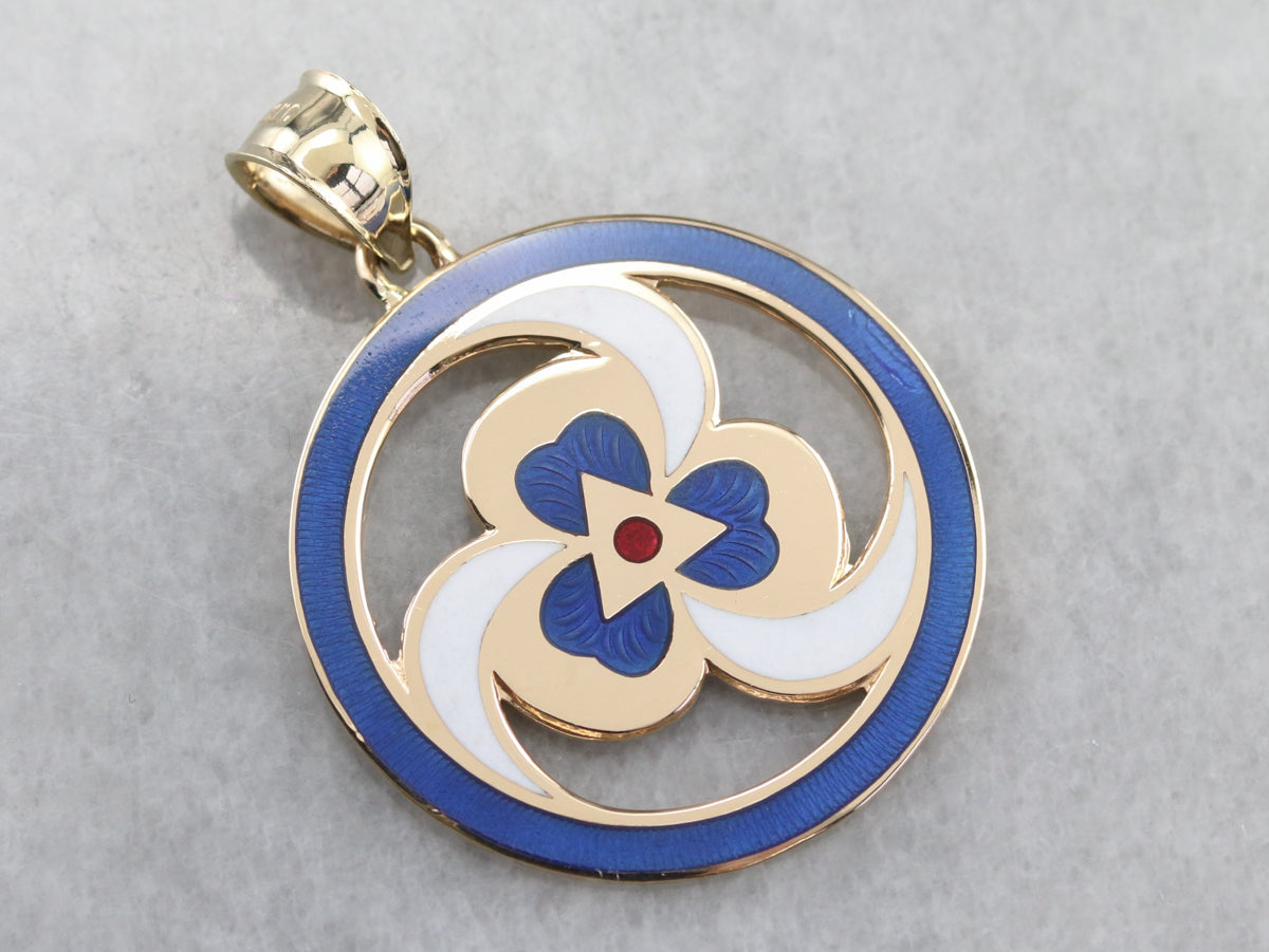 Gold Spiral and Clover Enamel Pendant