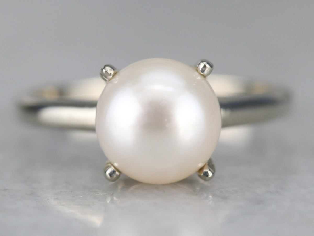 White Gold White Pearl Solitaire Ring