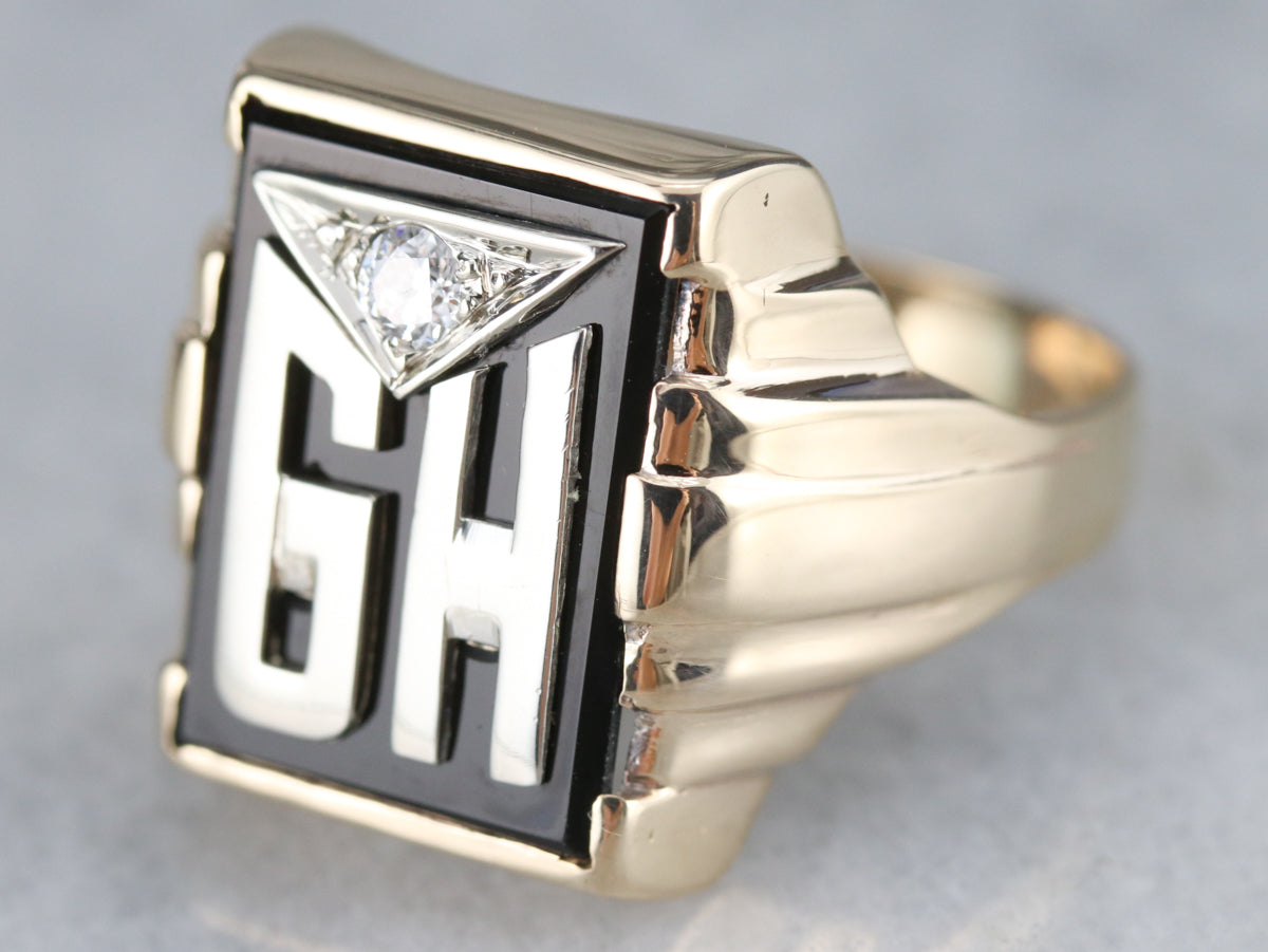 Men's "GH" Monogrammed Diamond and Onyx Ring