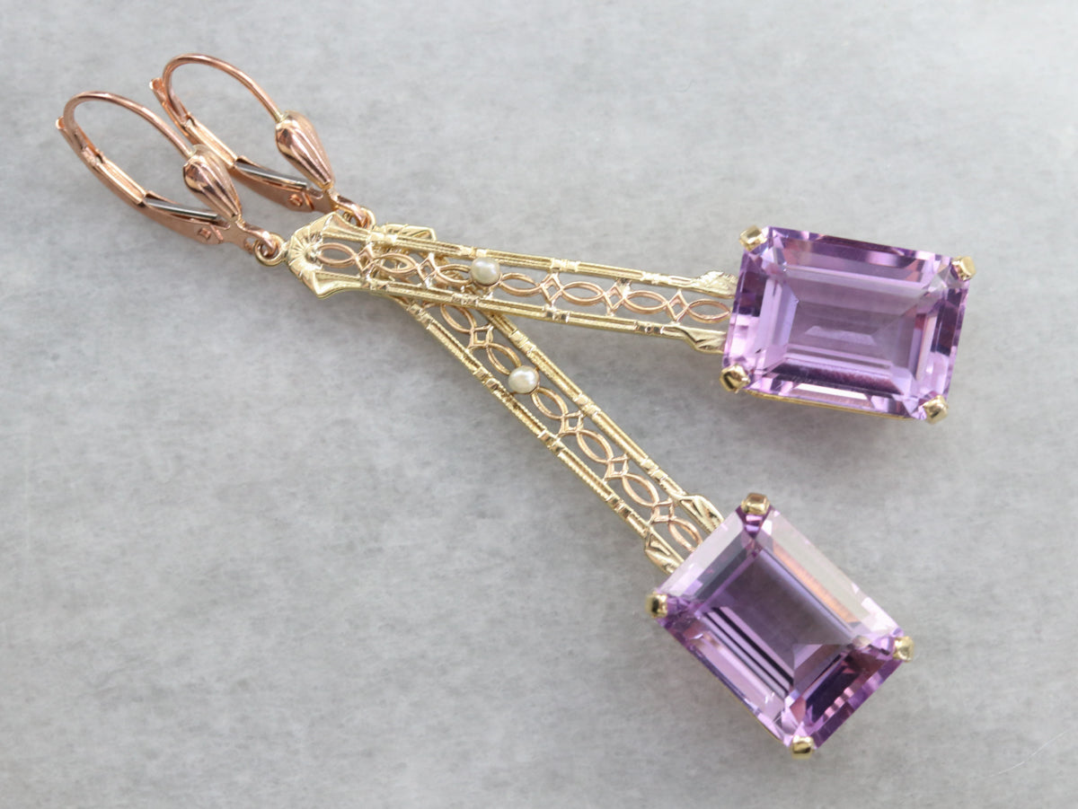 Amethyst and Seed Pearl Drop Earrings