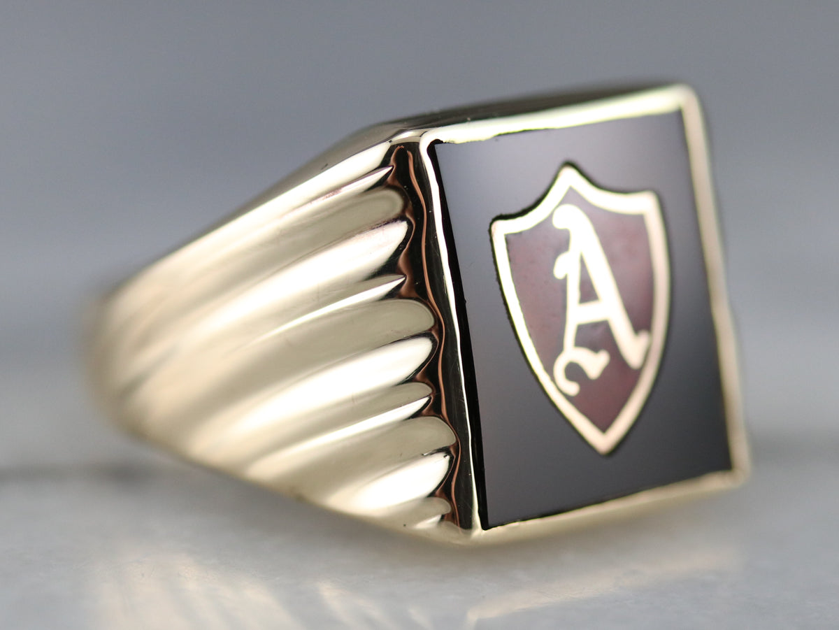 Vintage Onyx and Enamel &quot;A&quot; Initial Ring