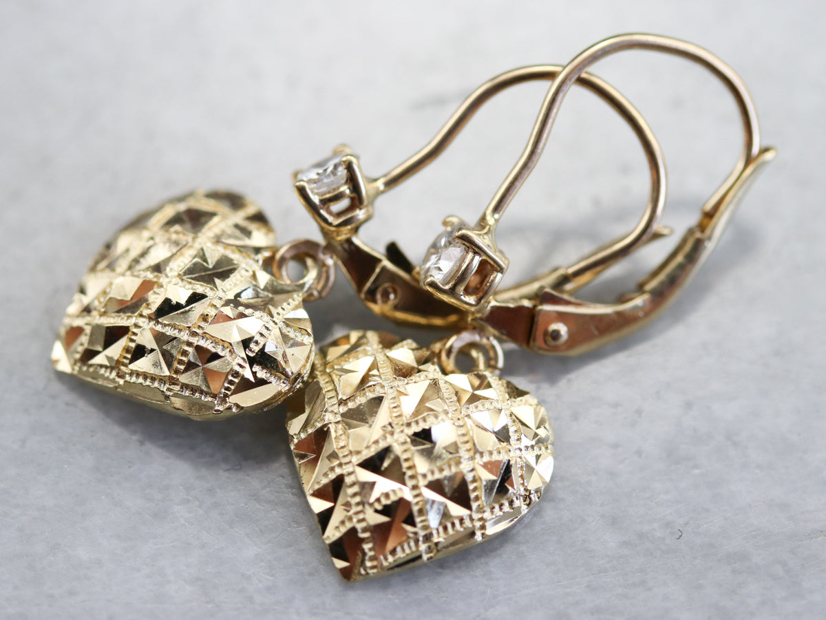 Gold Diamond Heart Drop Earrings