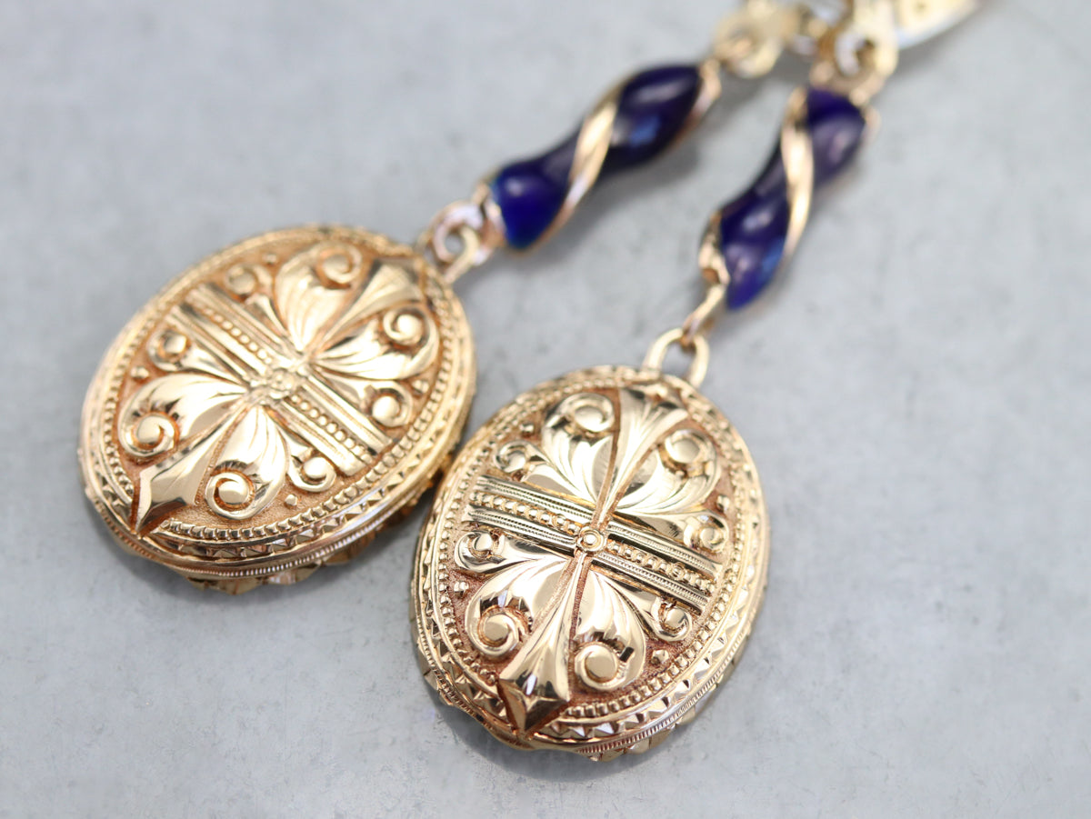 Etched Gold and Enamel Drop Earrings