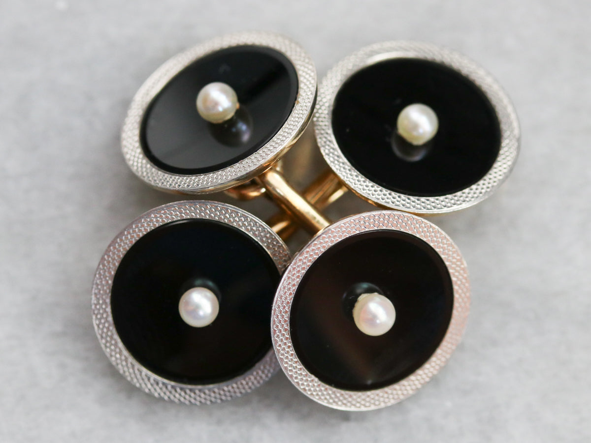 Retro Platinum and Gold Onyx Cufflinks