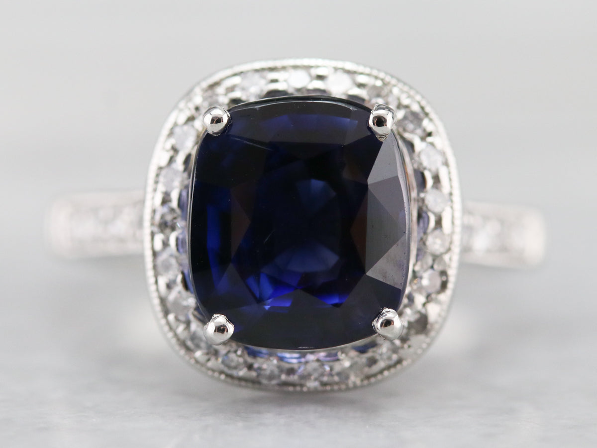 Cushion Cut Sapphire and Diamond Halo Ring