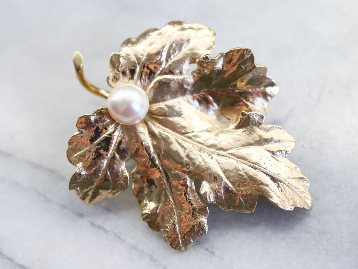 Golden Pearl Grape Leaf Brooch