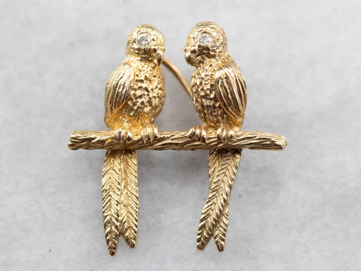 Two Parrots Diamond Gold Brooch