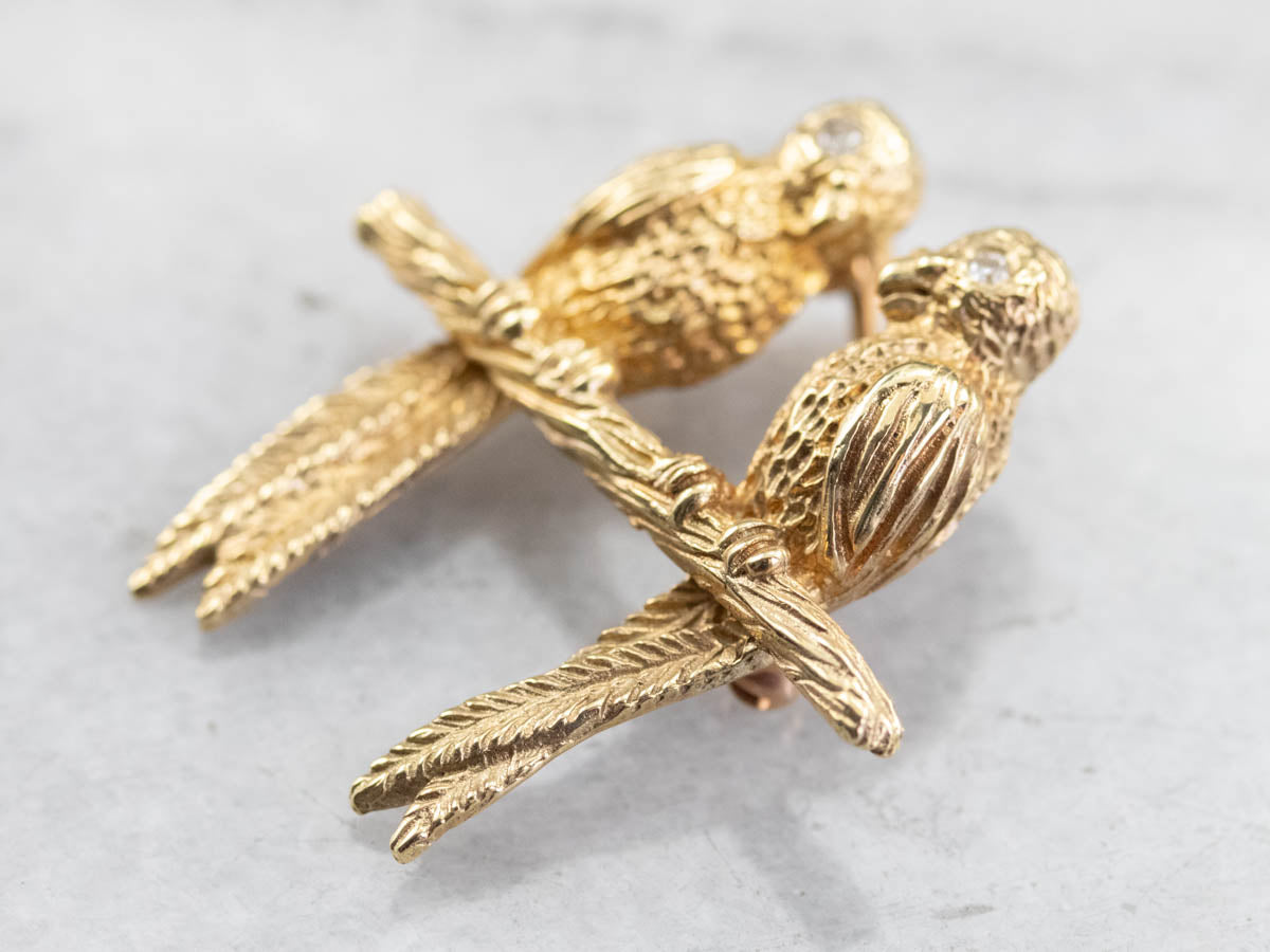 Two Parrots Diamond Gold Brooch