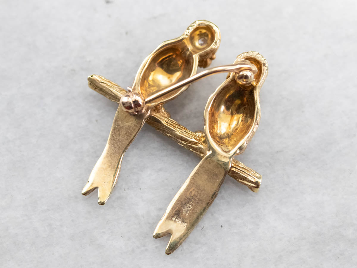 Two Parrots Diamond Gold Brooch