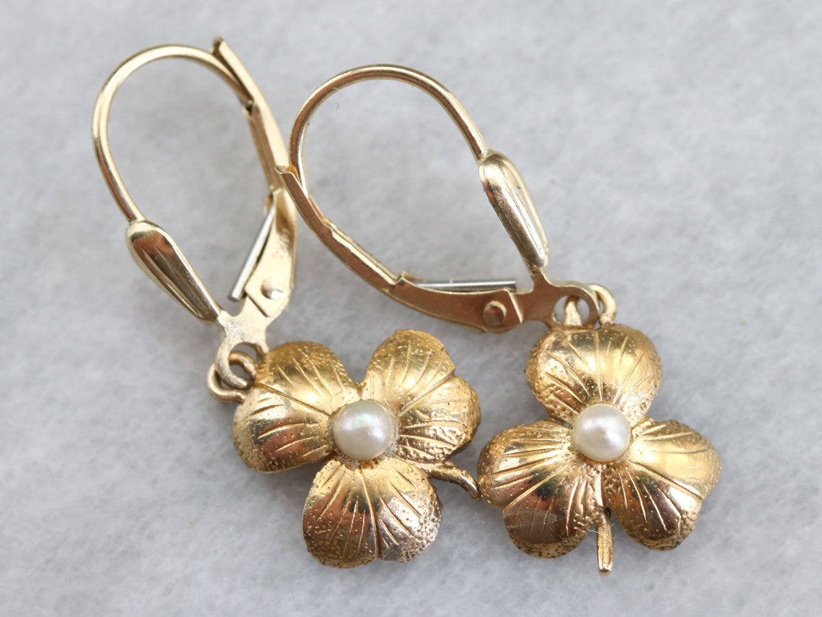 Gold Seed Pearl Shamrock Earrings