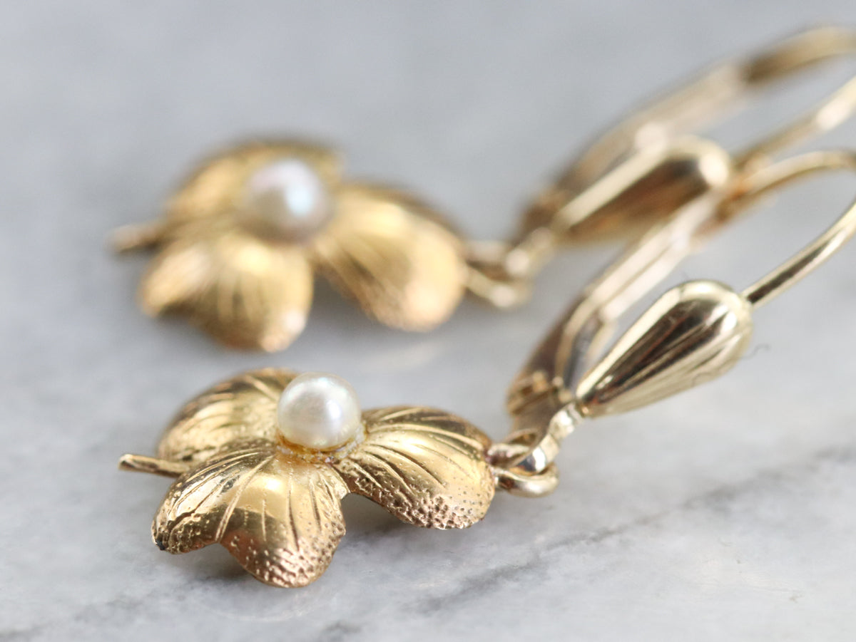 Gold Seed Pearl Shamrock Earrings