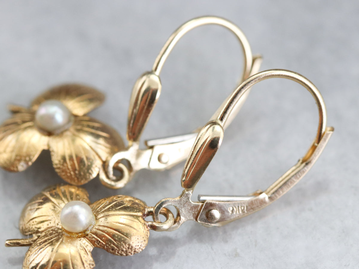 Gold Seed Pearl Shamrock Earrings