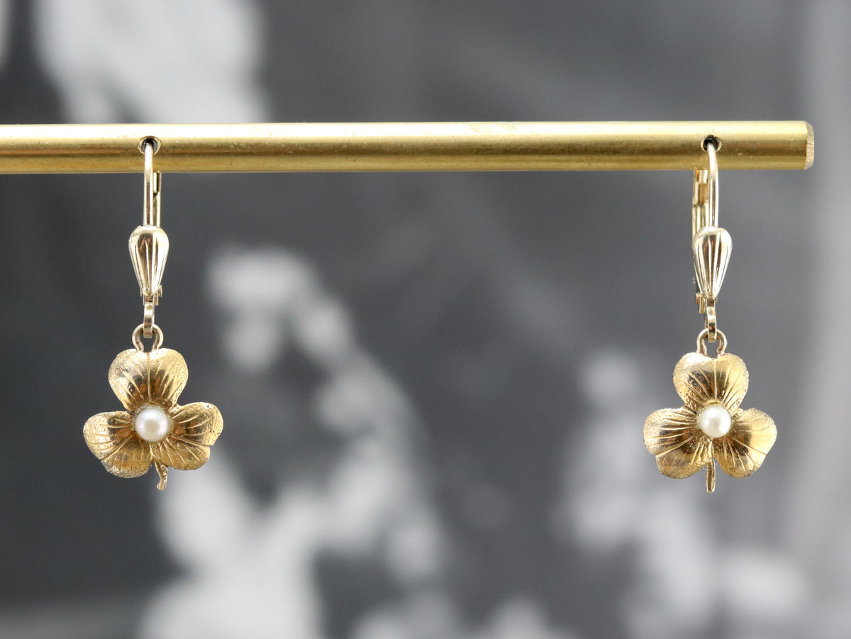 Gold Seed Pearl Shamrock Earrings