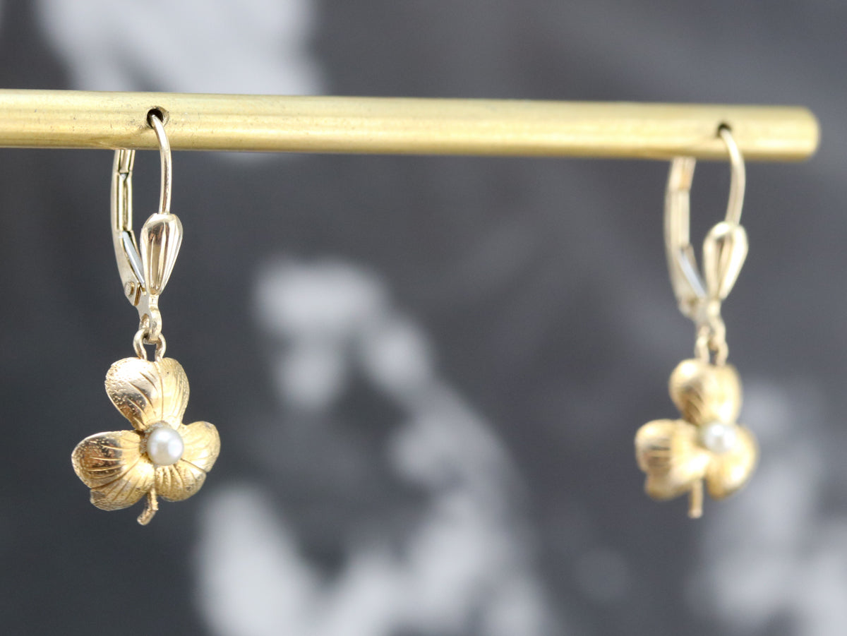 Gold Seed Pearl Shamrock Earrings