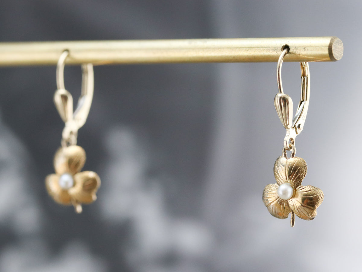 Gold Seed Pearl Shamrock Earrings