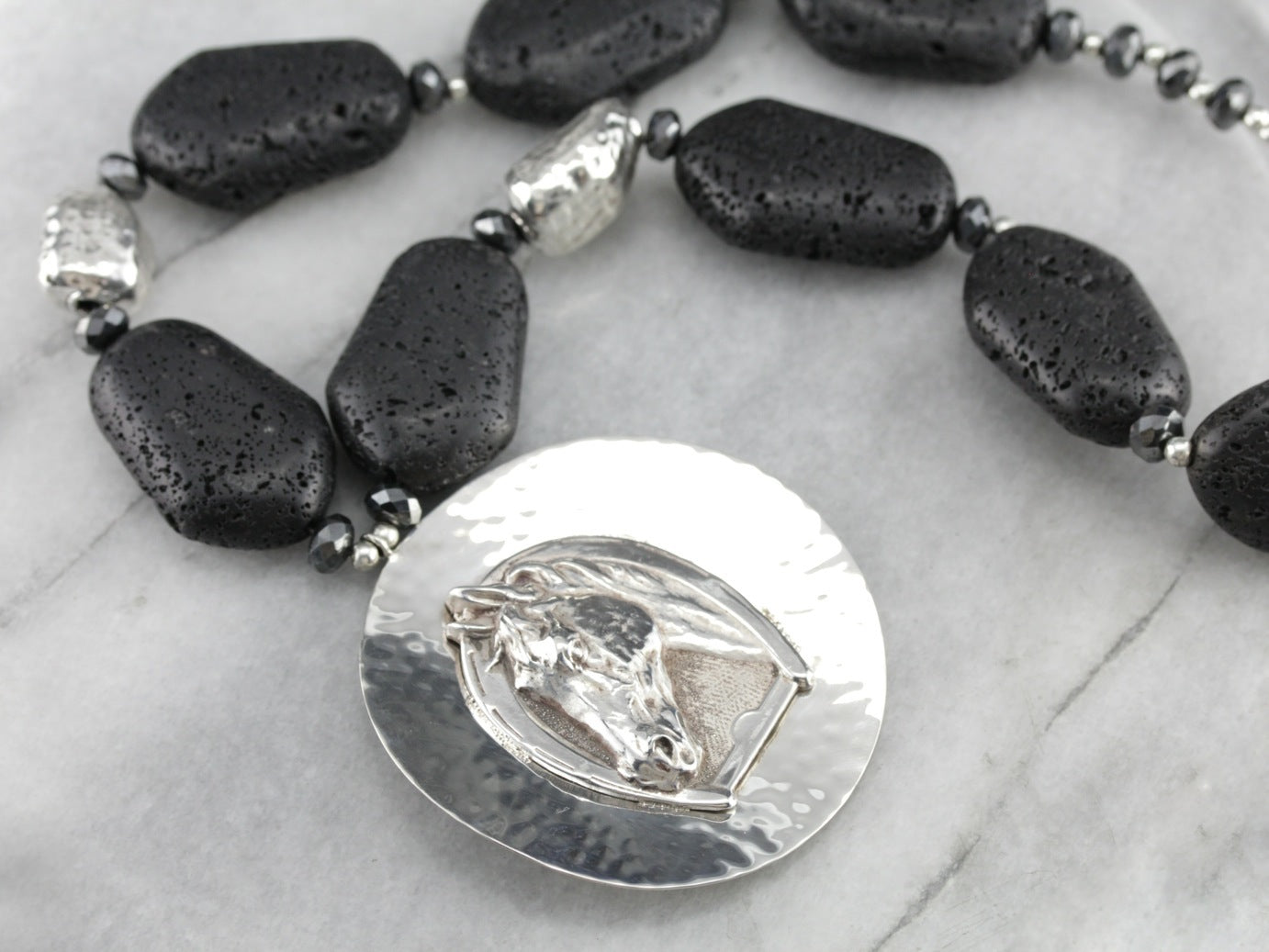 Equestrian Lava Stone Silver Bead Necklace