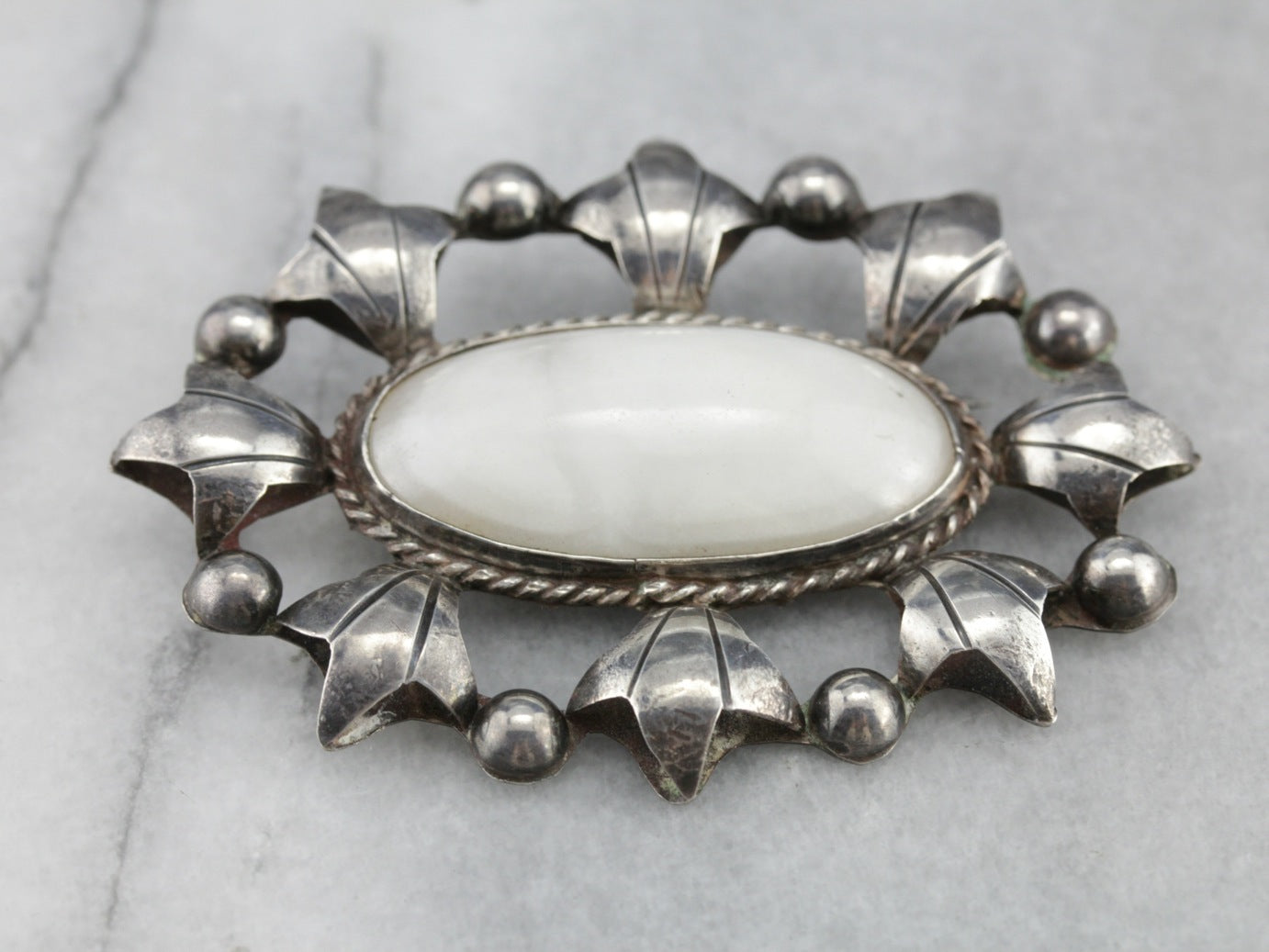 White Marble Mexican Silver Brooch