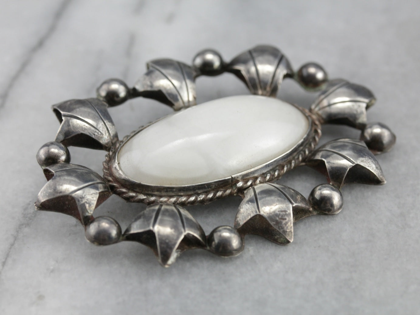 White Marble Mexican Silver Brooch