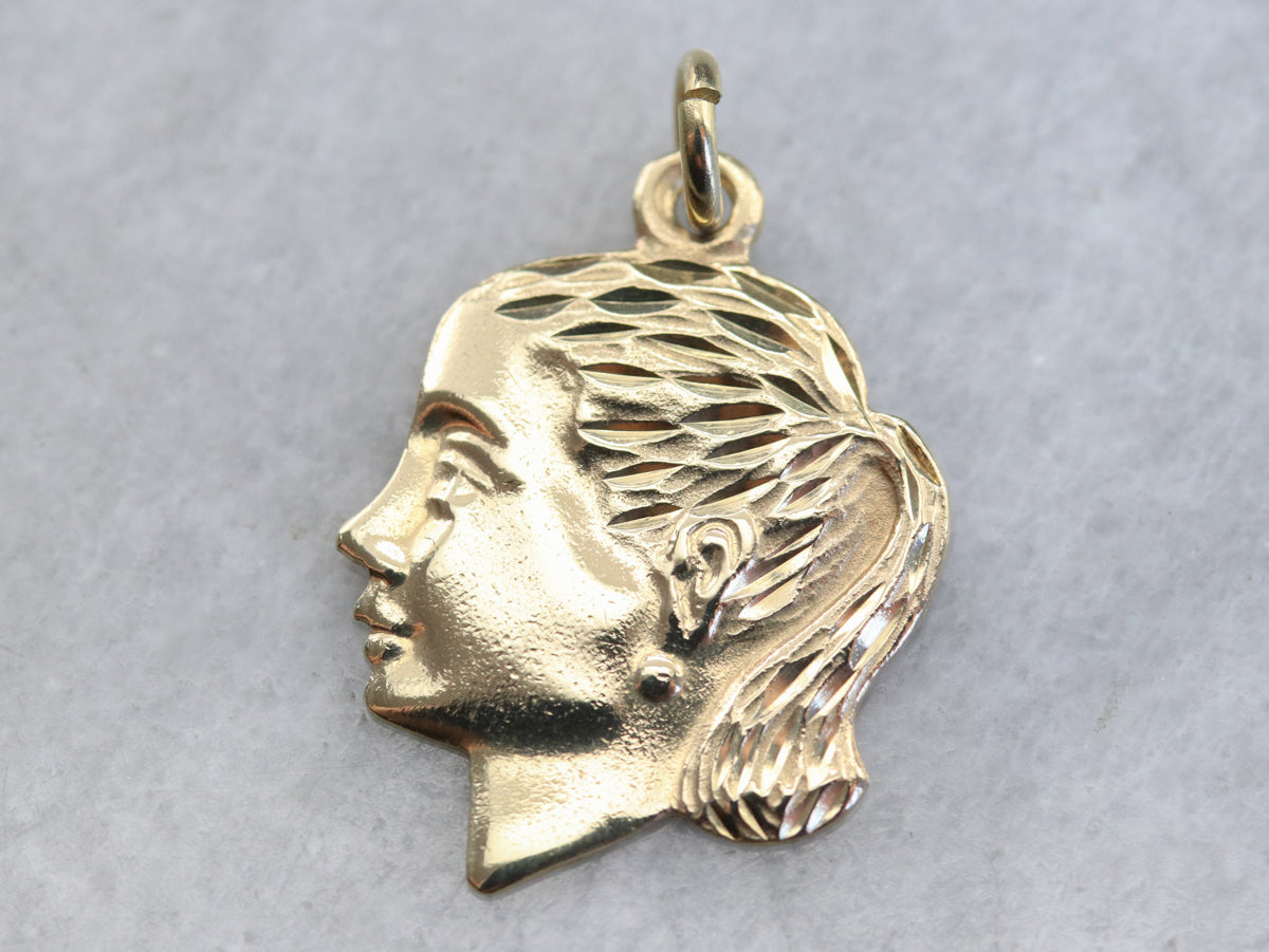 Gold Retro Era Girl in Profile Pendant