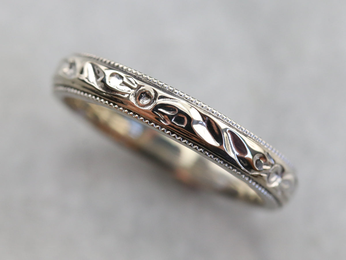 White Gold Rose Pattern Band