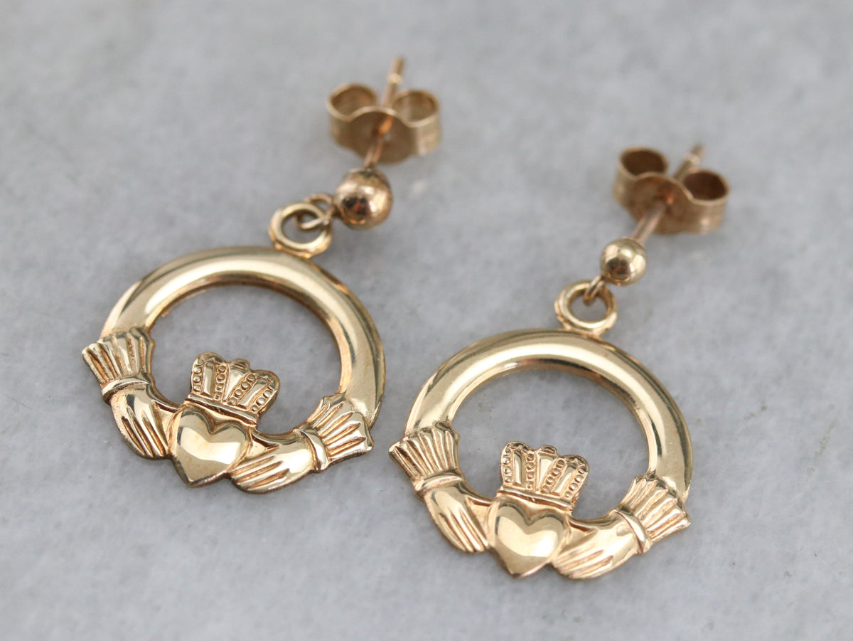 Yellow Gold Claddagh Drop Earrings