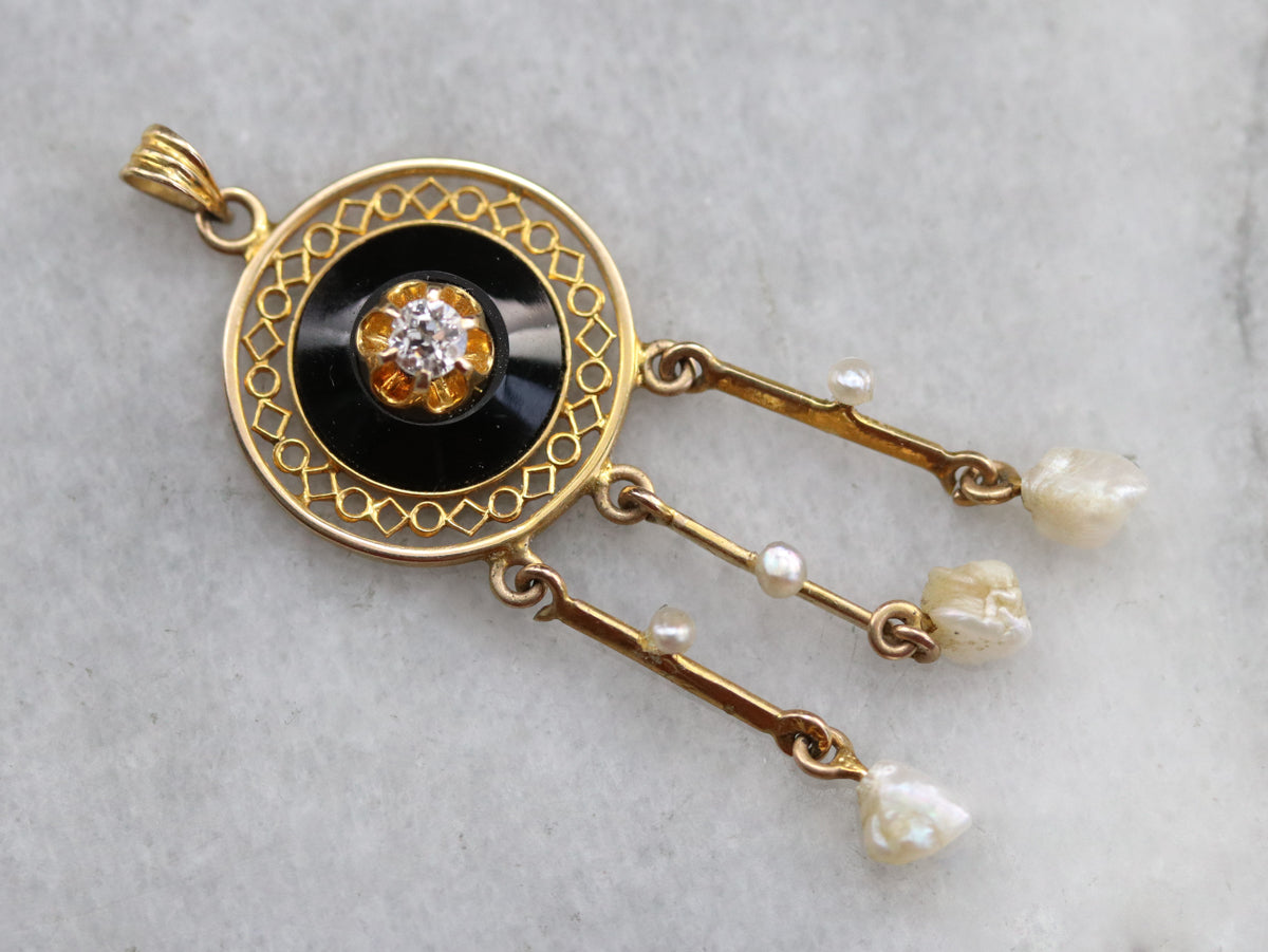 Victorian Diamond Onyx and Pearl Pendant