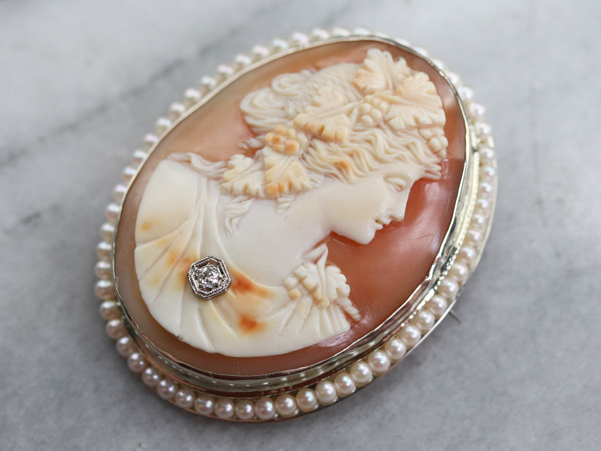 Vintage Goddess Cameo Diamond Pearl Brooch Pendant