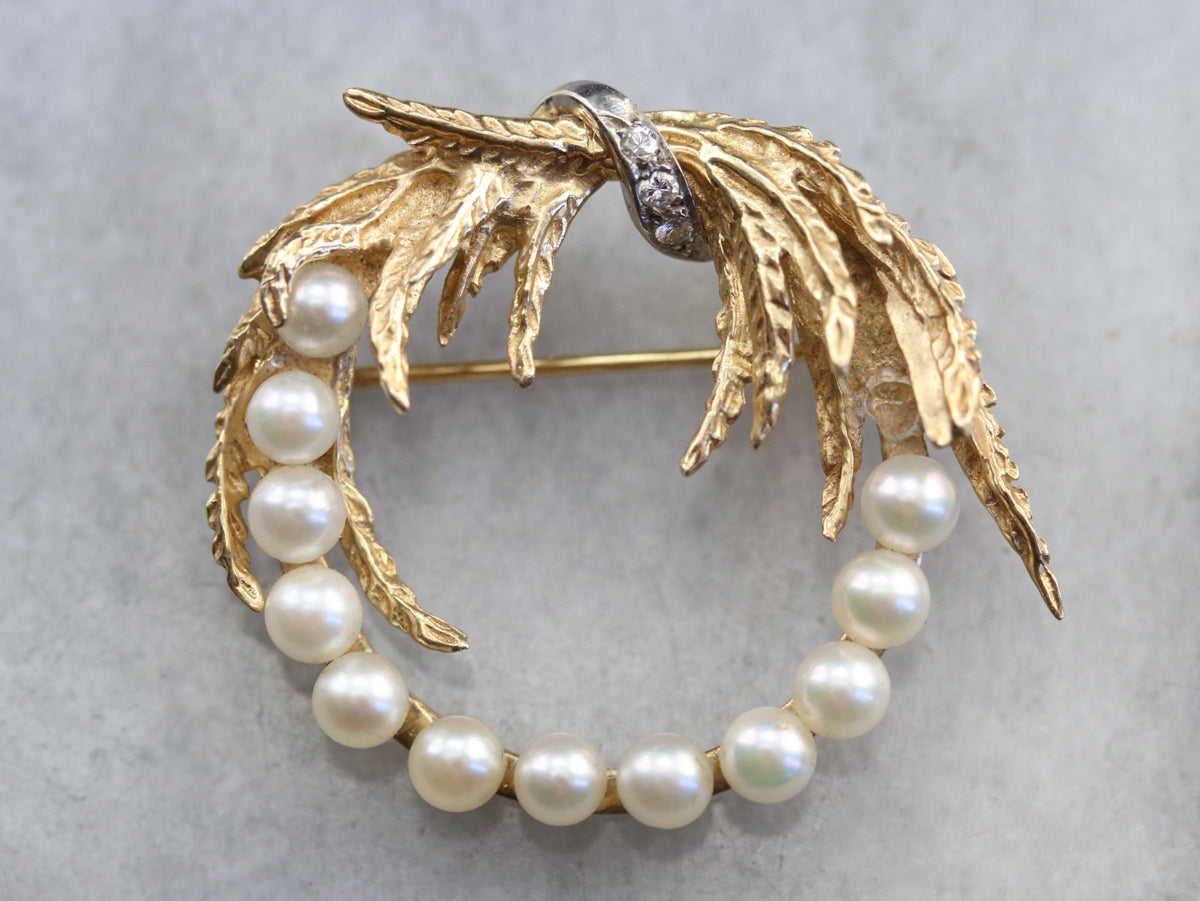 Mid Century Pearl and Diamond Gold Brooch