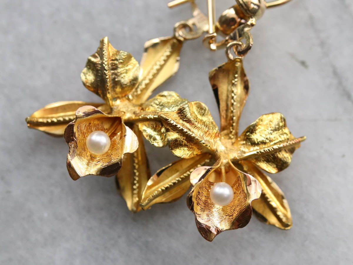 Gold Pearl Orchid Drop Earrings