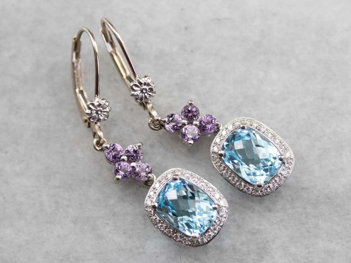 Blue Topaz Amethyst and Diamond Drop Earrings