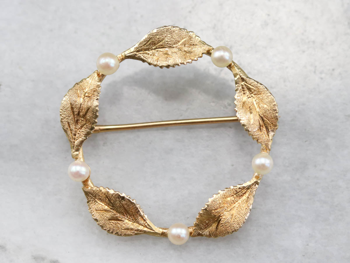 Pearl and Gold Leaf Circle Pin