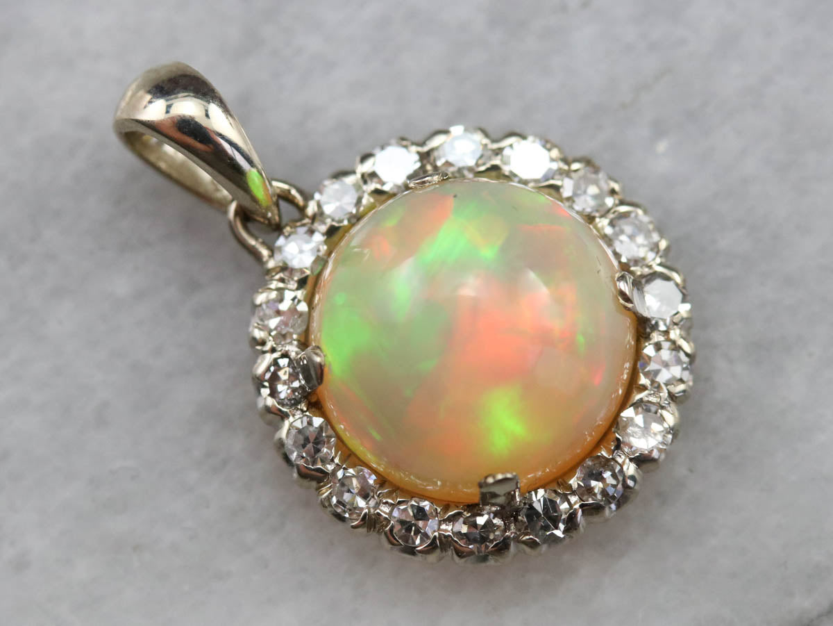 Fiery Opal Diamond Halo Pendant