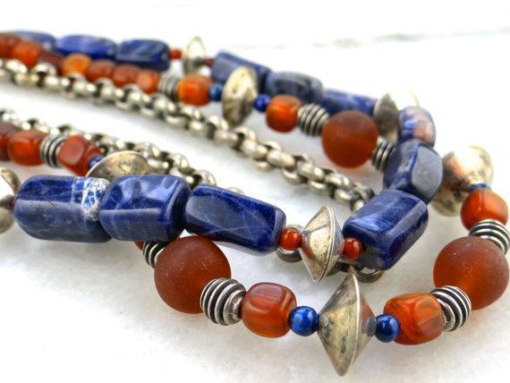 Sodalite and Glass Beaded Antique Silver Chain Necklace