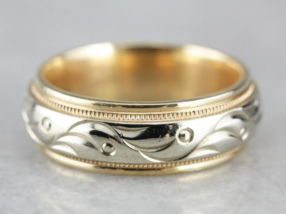 Yellow and White Gold Patterned Wedding Band