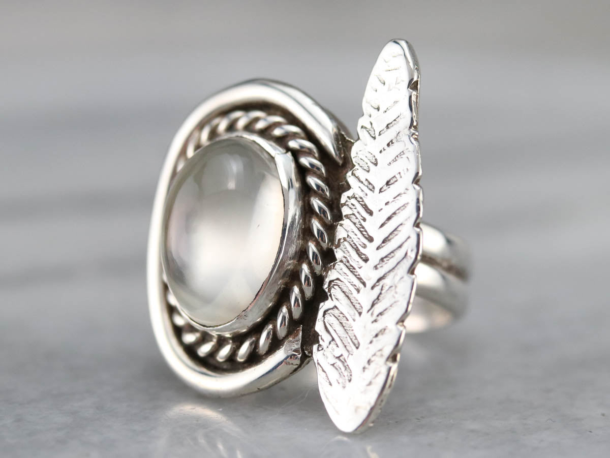 Sterling Silver 925 Vintage Moonstone Feather selling Ring