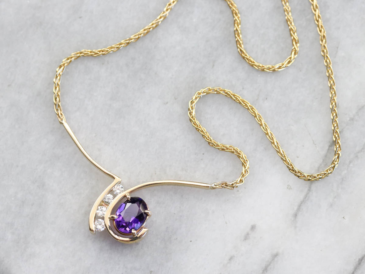 Modernist Amethyst Diamond Gold Necklace