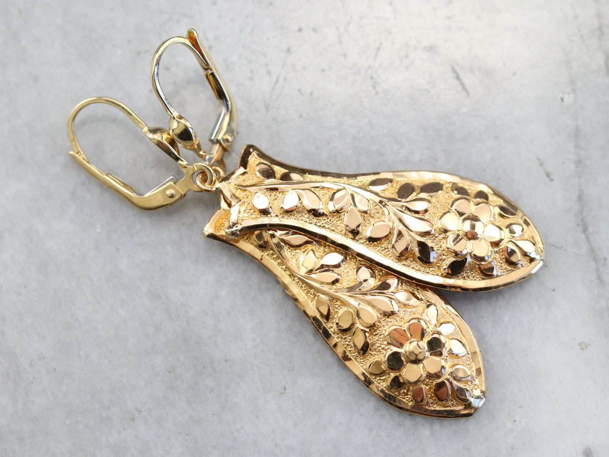 Vintage Yellow Gold Floral Drop Earrings